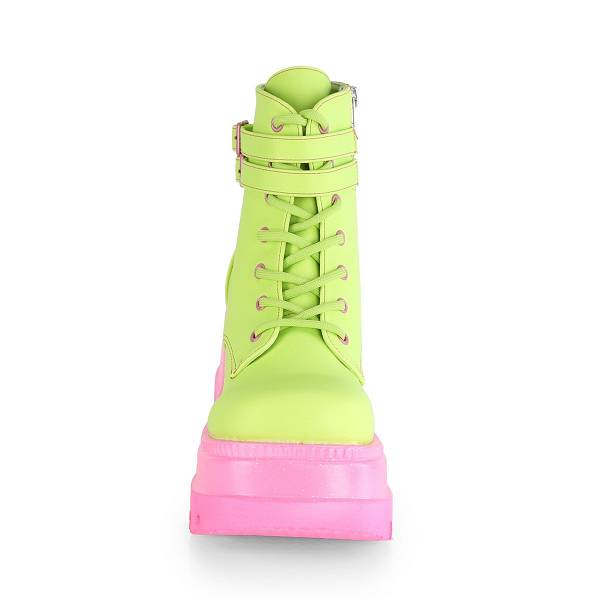 Demonia Women's Shaker-52 Platform Boots - Lime Reflective Vegan Leather D1583-70US Clearance
